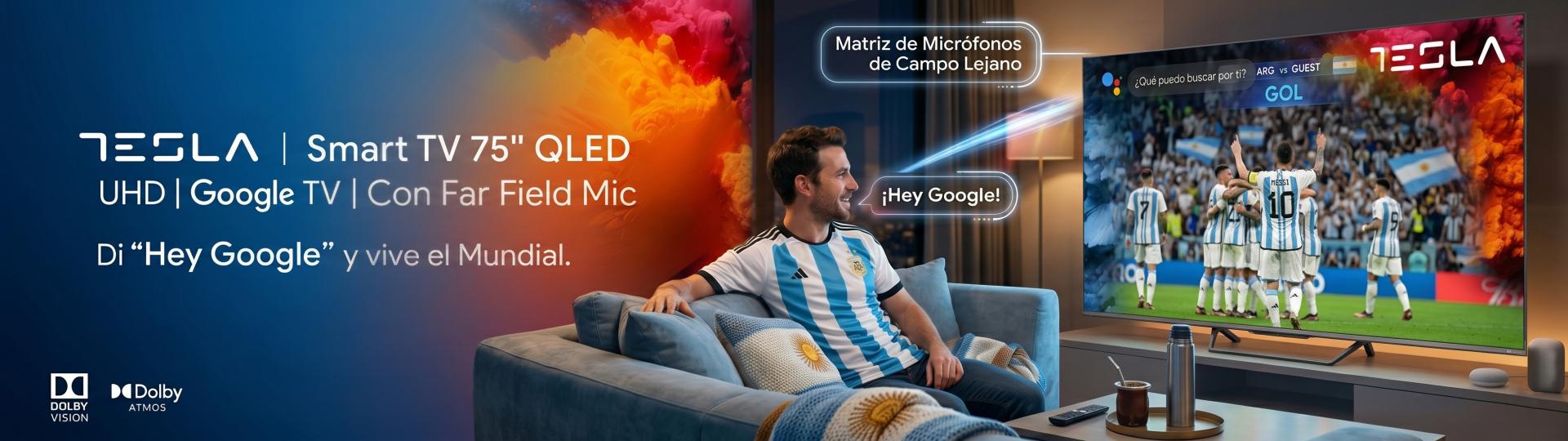 Sentí el mundial: Smart TV Tesla 75" QLED con control por voz.