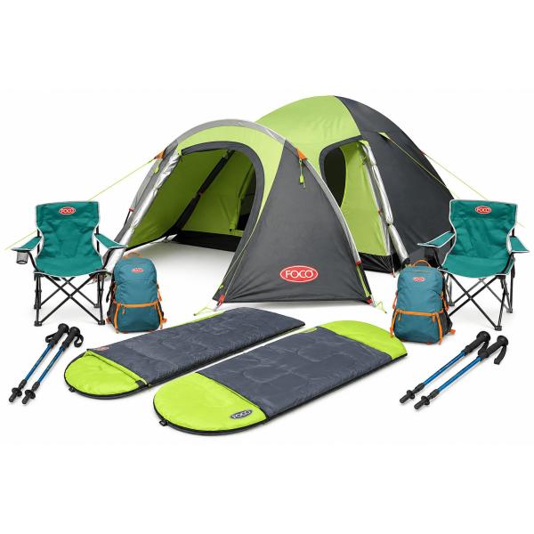Combo Foco: carpa, 2 sillas, 2 bolsas de dormir, 2 mochilas y 2 bastones de trekking