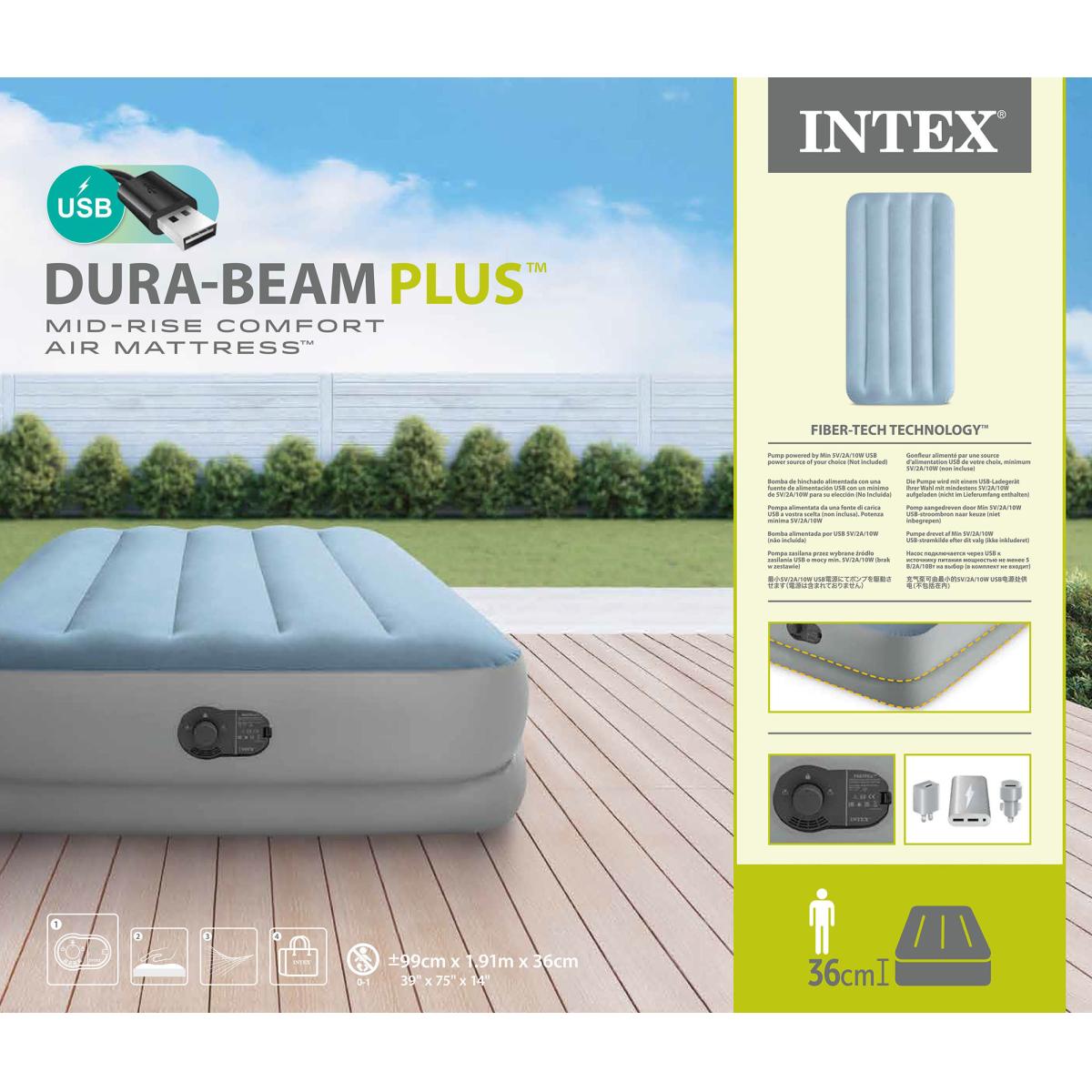 Colchón Inflable Intex Dura-Beam Mid-Rise 1 1/2 Plaza con Inflador USB